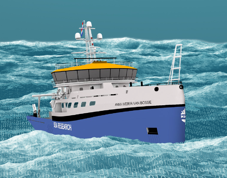 Rendering of the new Dutch Research Vessel Anna Weber-van Bosse on a sea of data